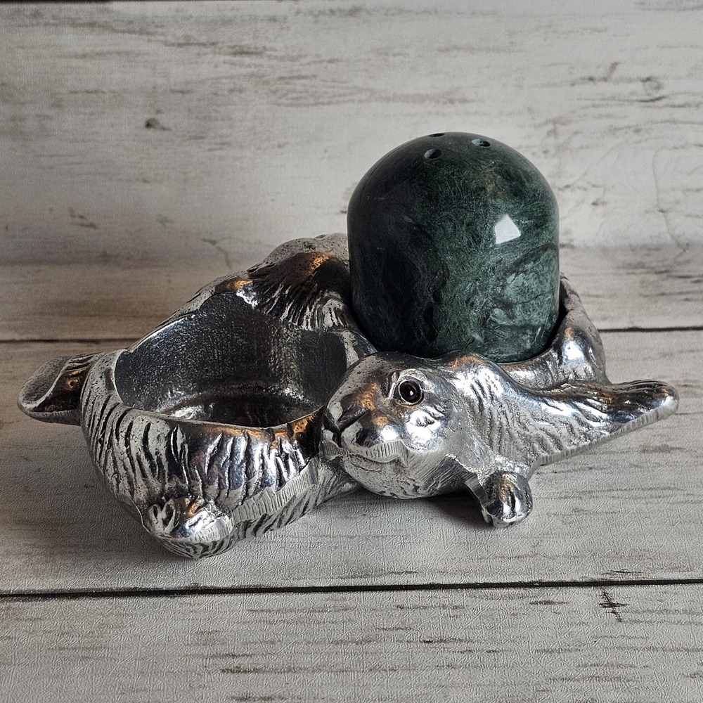 Arthur Court Rabbit Bunny Salt & Pepper Holder Shaker Aluminum Green Marble 1993